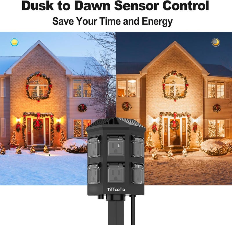 Tiffcofio Outdoor Power Strip with 50 FT Extension Cord, 100FT Remote Control, Dusk to Dawn Light Timer Waterproof, 6 Grounded Outlets for Yard, Pool and Garden, ETL Listed (50 FT) - Image 4